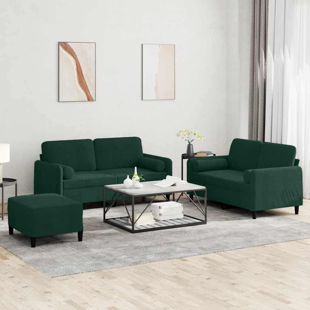 Set di Divani 3 pz con Cuscini Verde Scuro in Velluto | homemem39