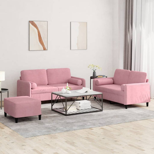 Set di Divani 3 pz con Cuscini Rosa in Velluto