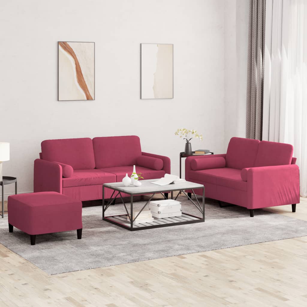 Set di Divani 3 pz con Cuscini Rosso Vino in Velluto | homemem39
