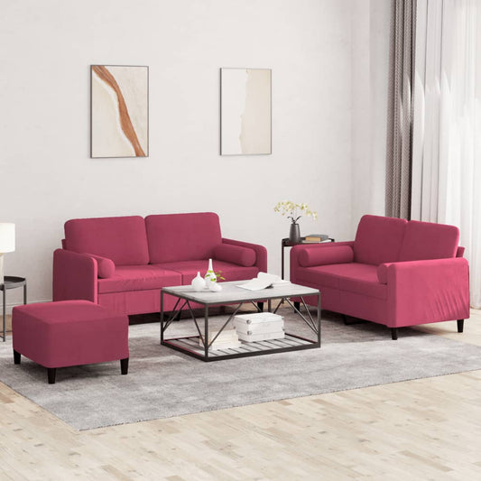 Set di Divani 3 pz con Cuscini Rosso Vino in Velluto | homemem39