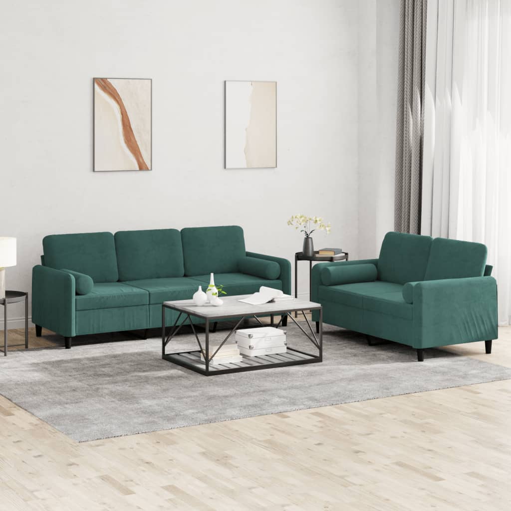 Set di Divani 2 pz con Cuscini Verde Scuro in Velluto - homemem39