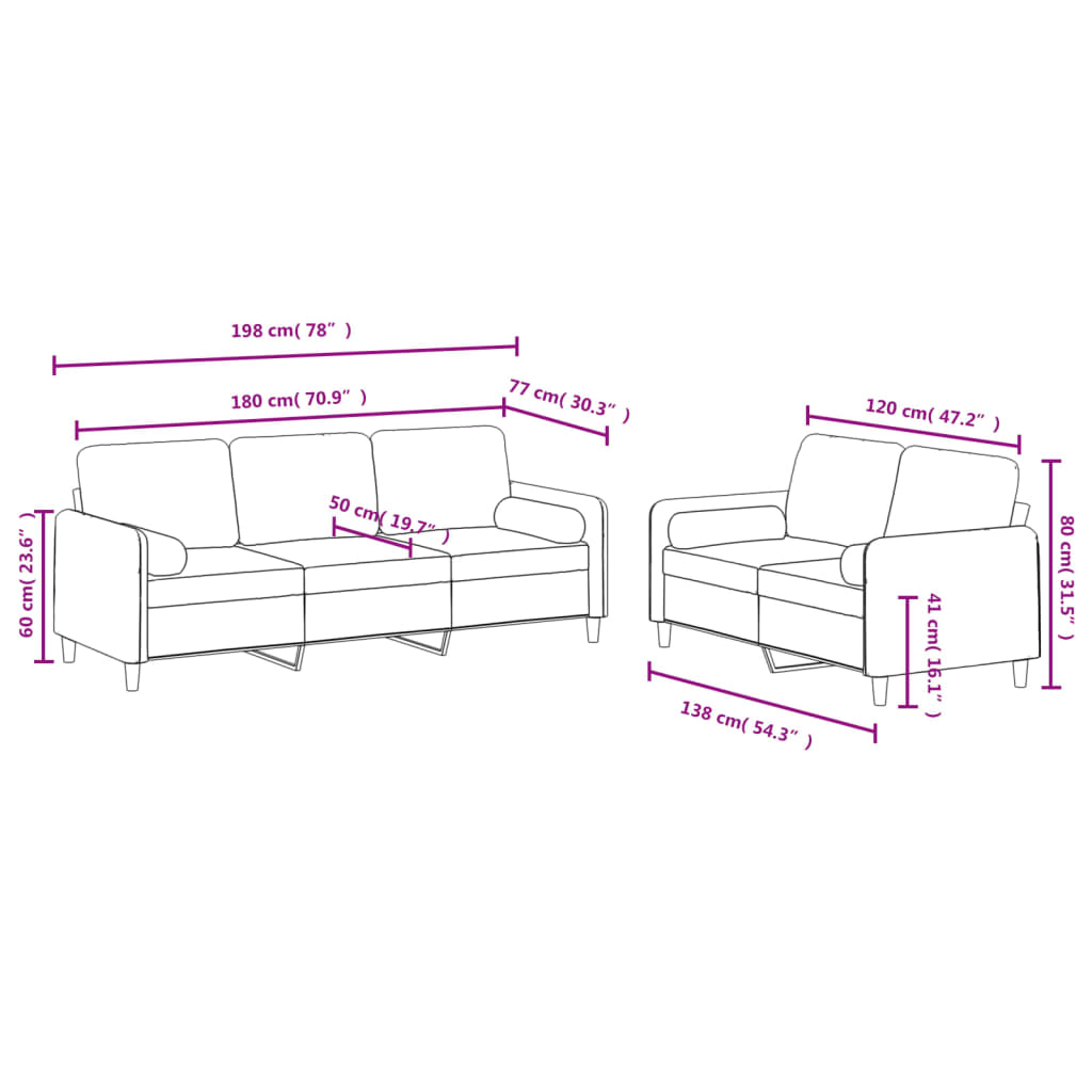 Set di Divani 2 pz con Cuscini Crema in Velluto