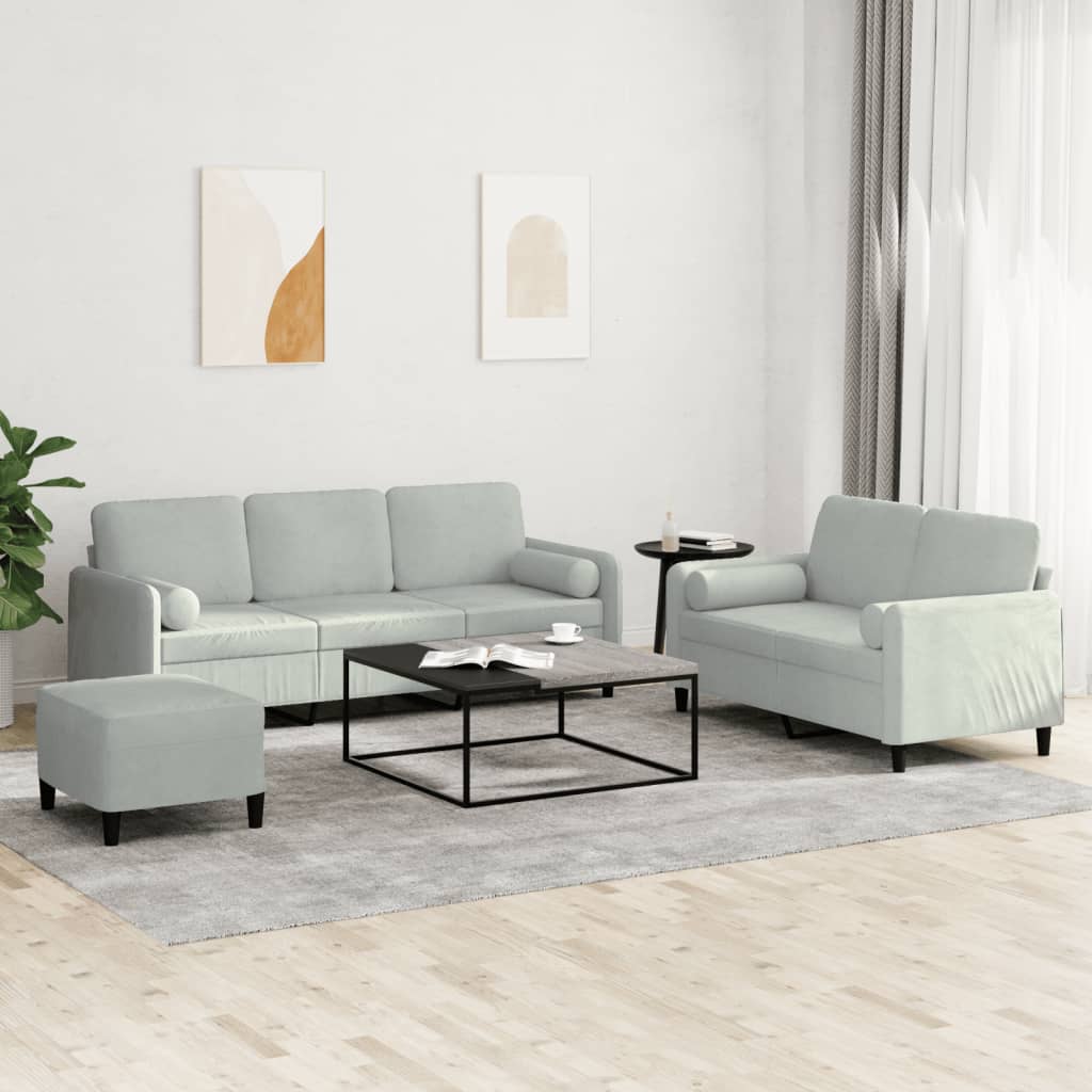 Set di Divani 3 pz con Cuscini Grigio Chiaro in Velluto | homemem39