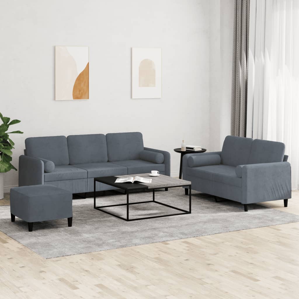 Set di Divani 3 pz con Cuscini Grigio Scuro in Velluto - homemem39