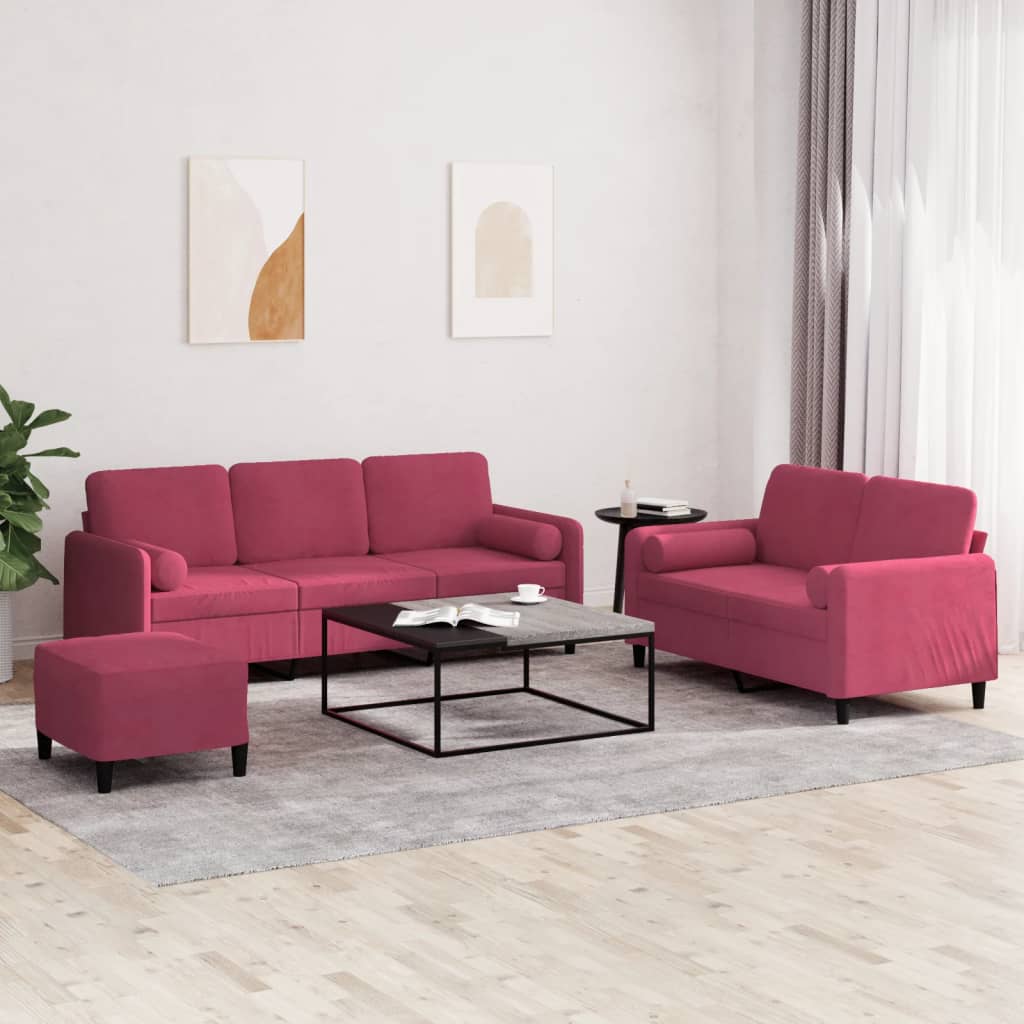 Set di Divani 3 pz con Cuscini Rosso Vino in Velluto | homemem39