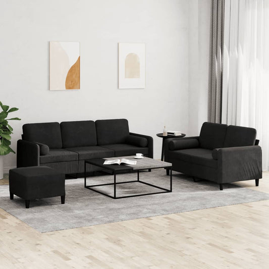 Set di Divani 3 pz con Cuscini Nero in Velluto | homemem39