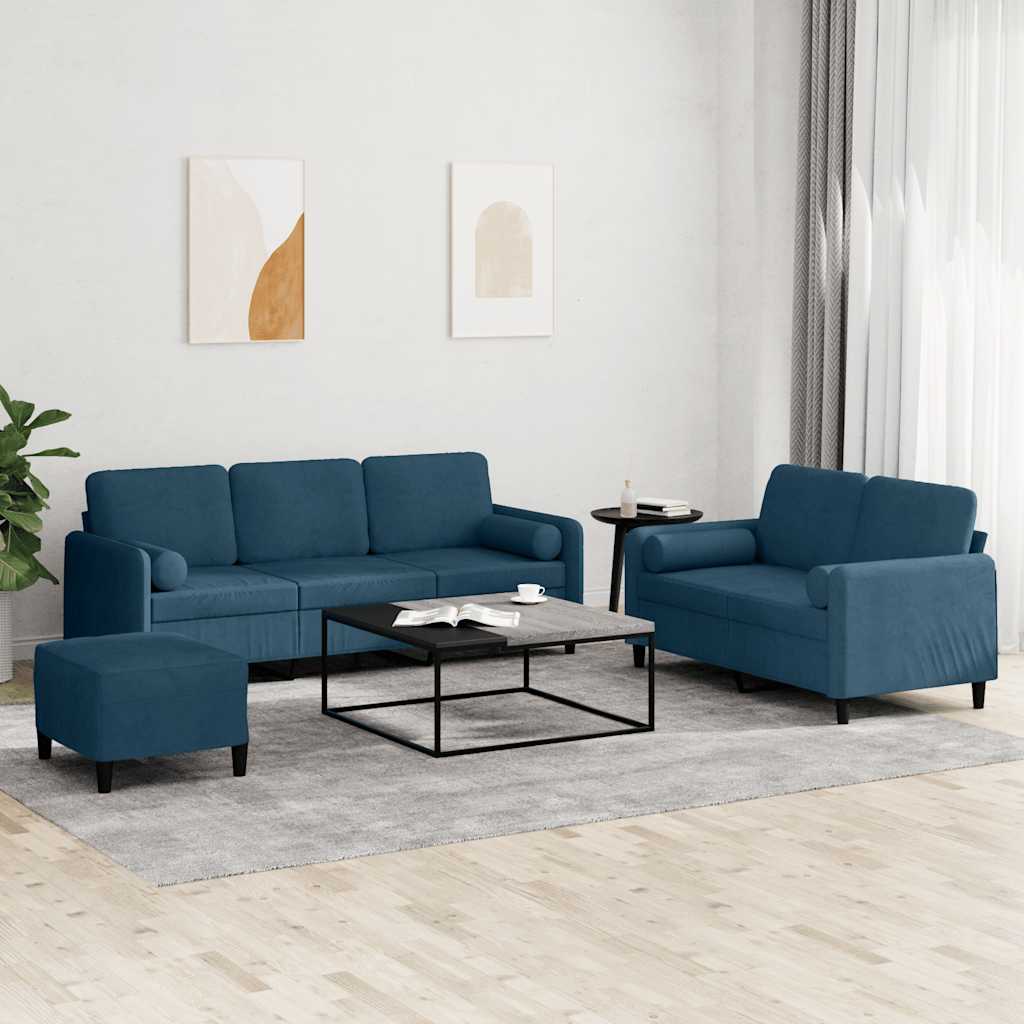 Set di Divani 3 pz con Cuscini Blu in Velluto | homemem39