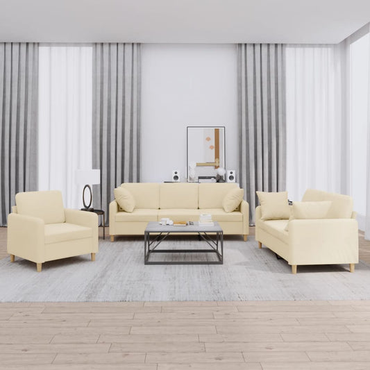 Set Divani 3 pz con Cuscini Crema in Tessuto | homemem39