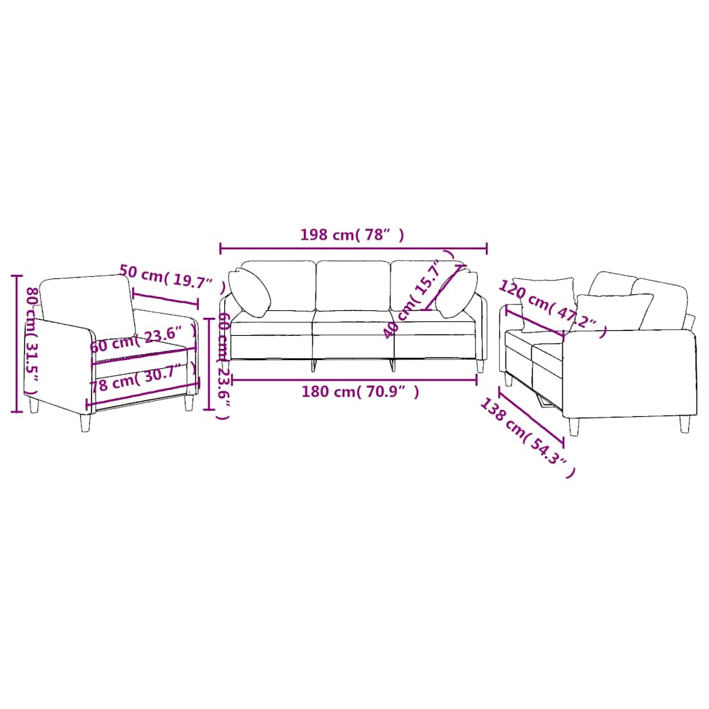 Set Divani 3 pz con Cuscini Tortora in Tessuto