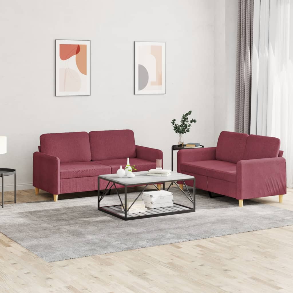 Set di Divani 2 pz con Cuscini Rosso Vino in Tessuto | homemem39