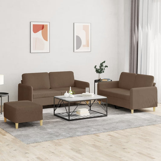 Set di Divani 3 pz con Cuscini Marrone in Tessuto
