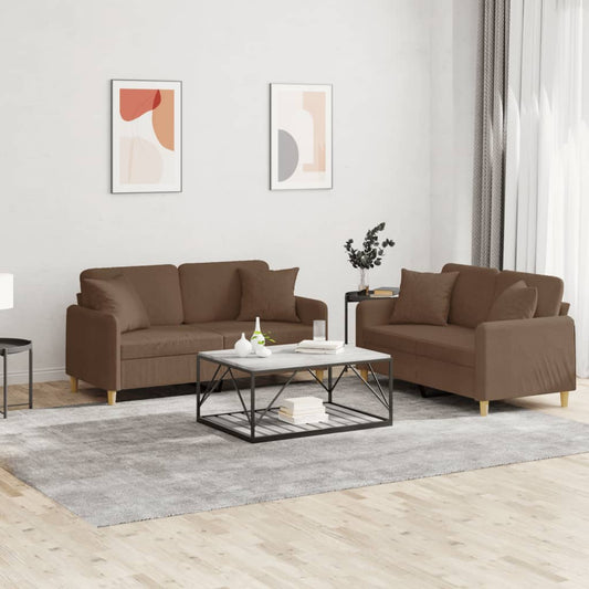 Set di Divani 2 pz con Cuscini Marrone in Tessuto | homemem39