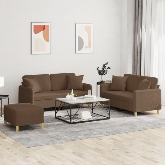 Set di Divani 3 pz con Cuscini Marrone in Tessuto | homemem39