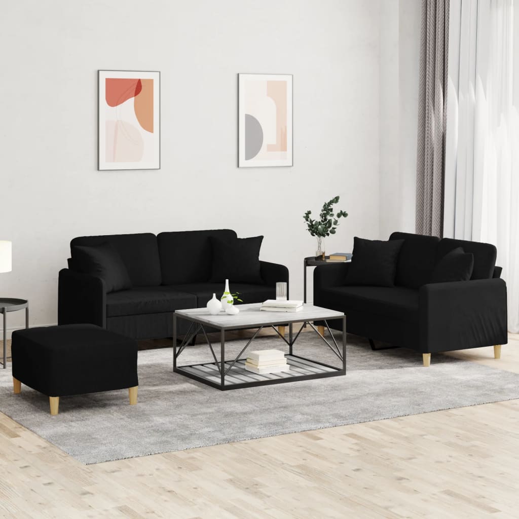 Set Divani 3 pz con Cuscini Nero in Tessuto | homemem39