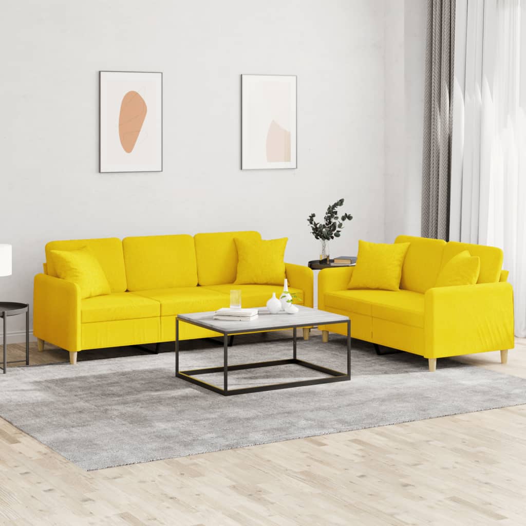 Set di Divani 2 pz con Cuscini Giallo Chiaro in Tessuto