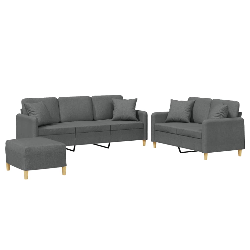 Set di Divani 3 pz con Cuscini Grigio Scuro in Tessuto
