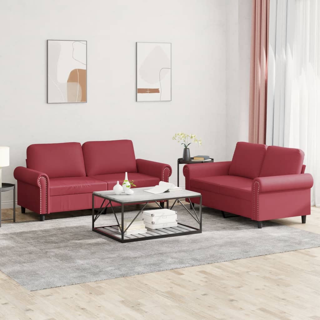 Set di Divani 2 pz con Cuscini Rosso Vino in Similpelle - homemem39