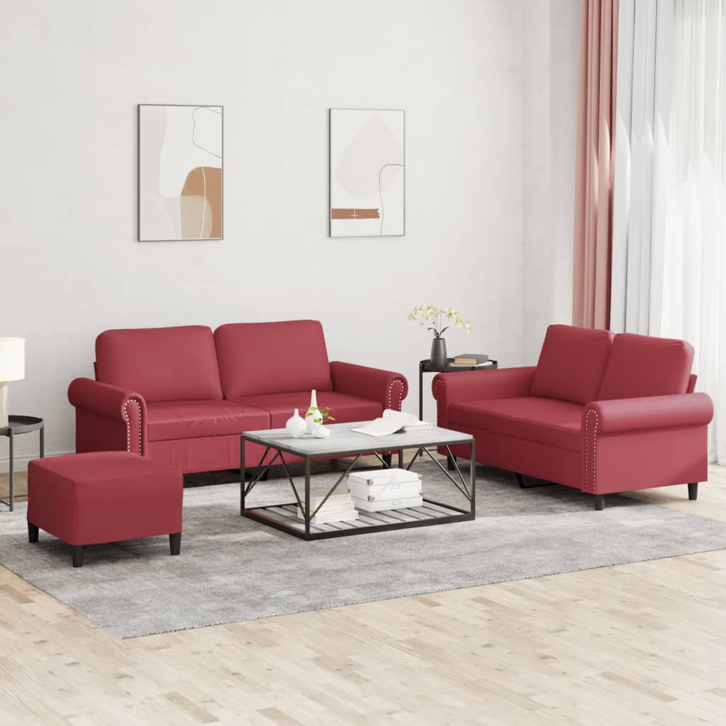 Set di Divani 3 pz con Cuscini Rosso Vino in Similpelle | homemem39