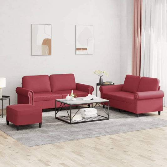 Set di Divani 3 pz con Cuscini Rosso Vino in Similpelle | homemem39