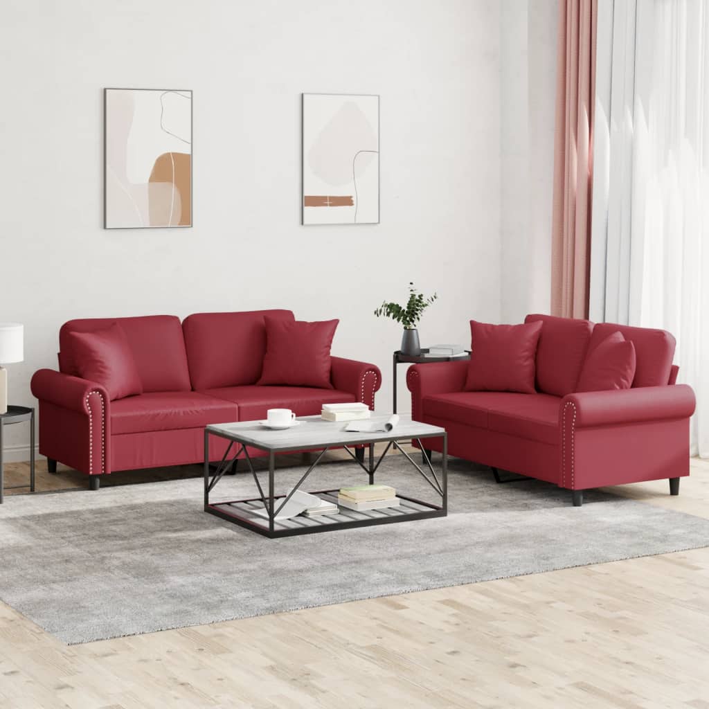 Set di Divani 2 pz con Cuscini Rosso Vino in Similpelle