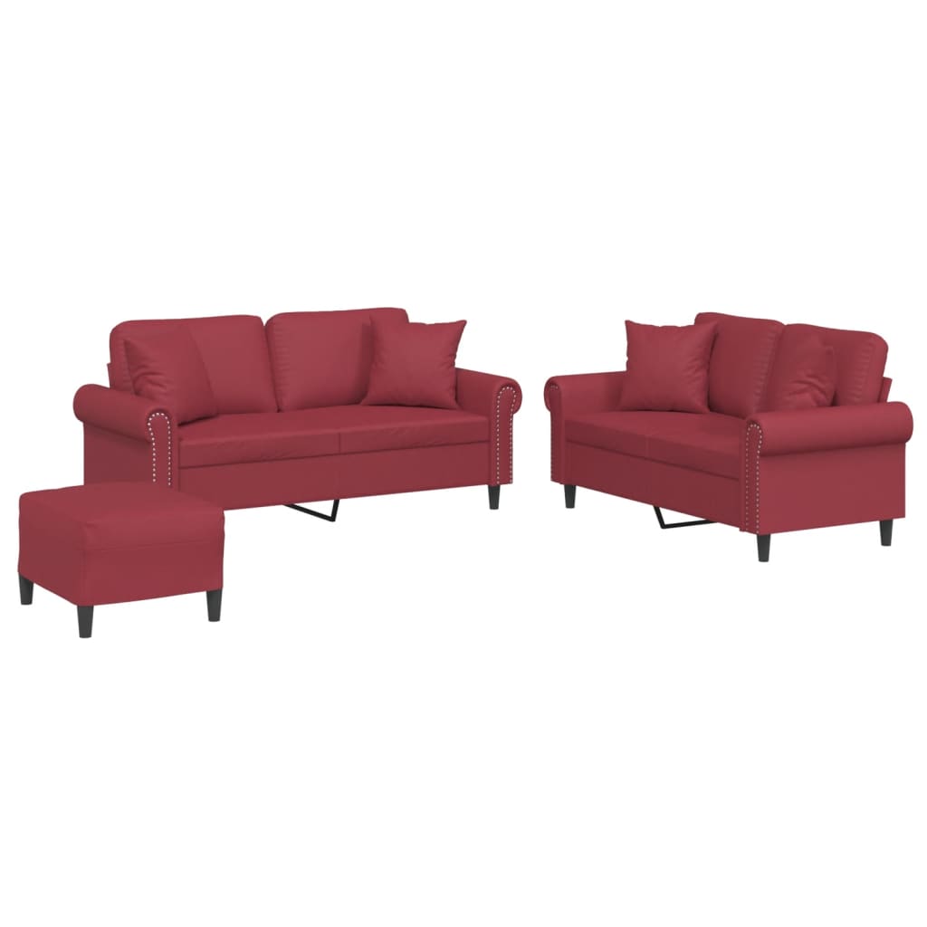 Set di Divani 3 pz con Cuscini Rosso Vino in Similpelle - homemem39