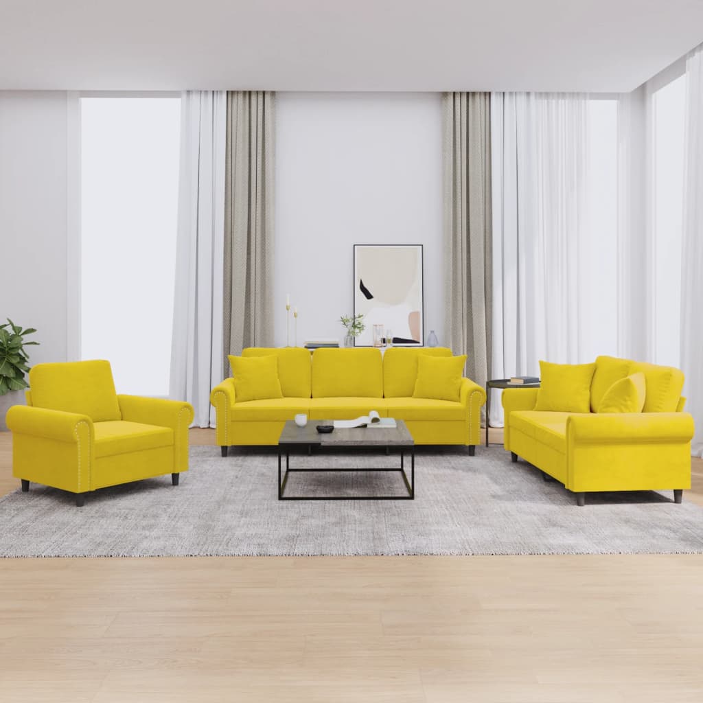 Set di Divani 3 pz con Cuscini Giallo in Velluto - homemem39