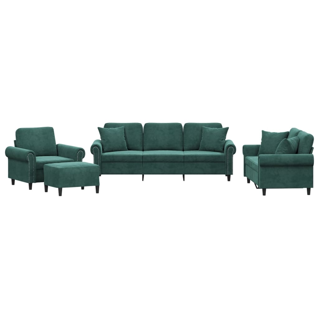 Set di Divani 4 pz con Cuscini Verde Scuro in Velluto | homemem39