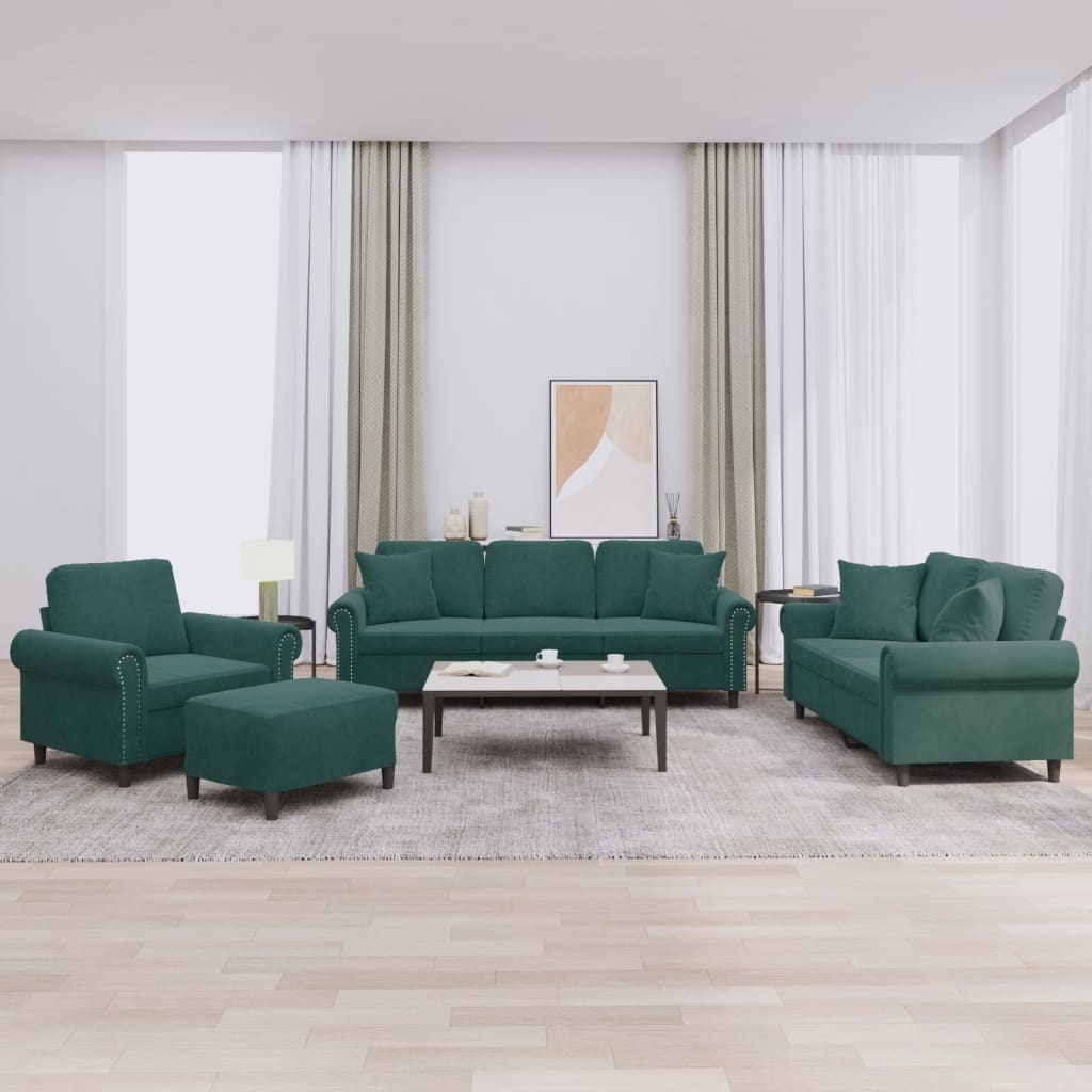 Set di Divani 4 pz con Cuscini Verde Scuro in Velluto