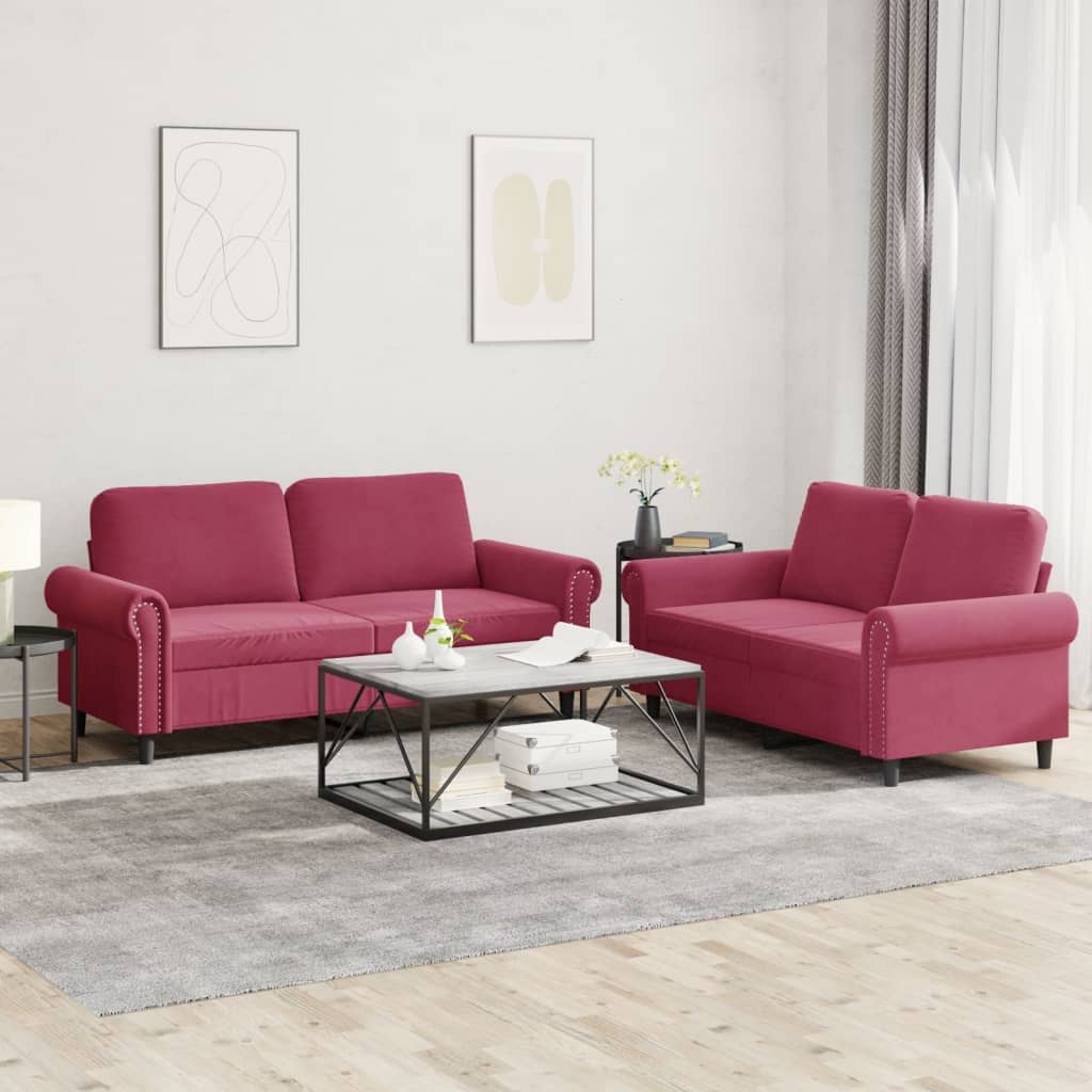Set di Divani 2 pz con Cuscini Rosso Vino in Velluto - homemem39