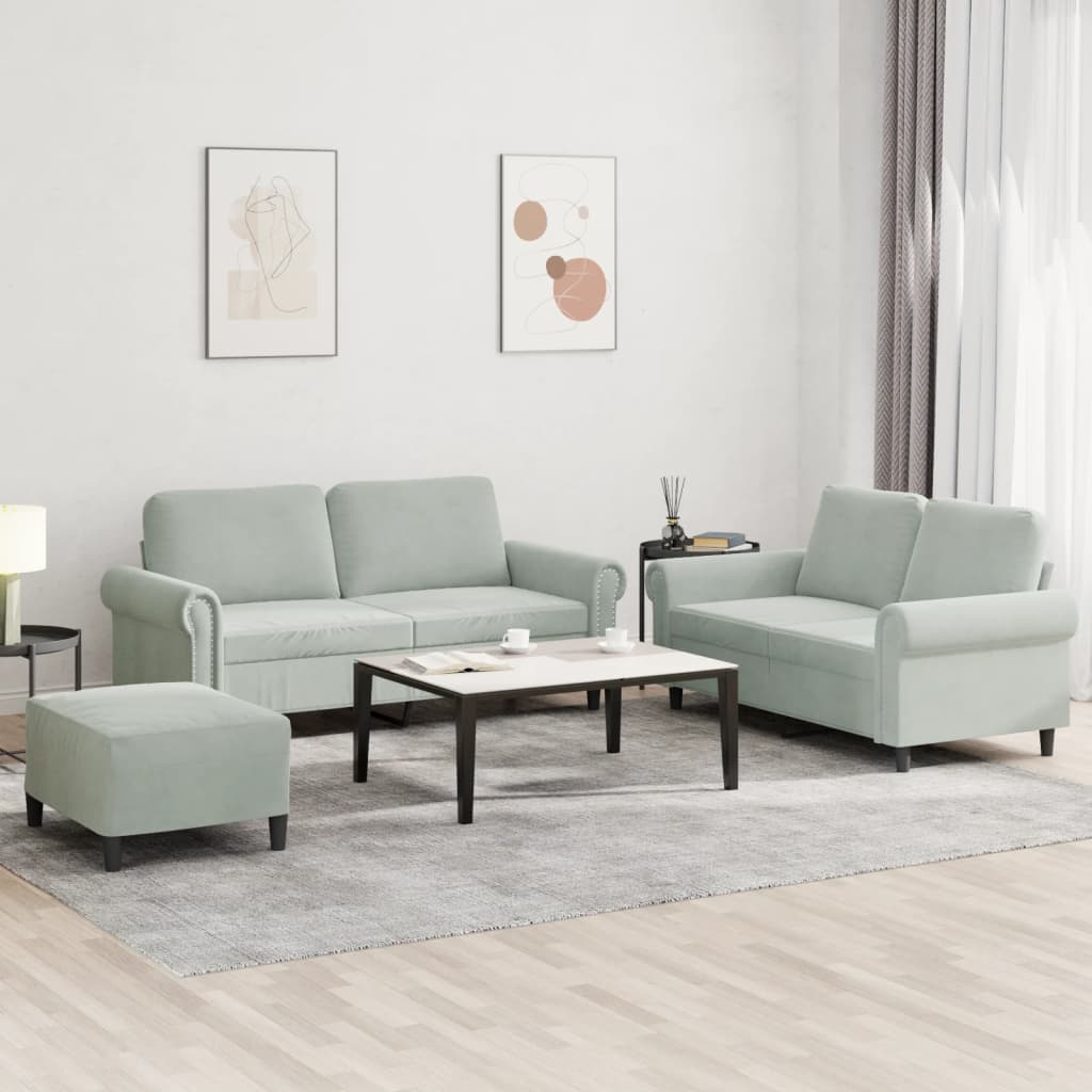 Set di Divani 3 pz con Cuscini Grigio Chiaro in Velluto | homemem39