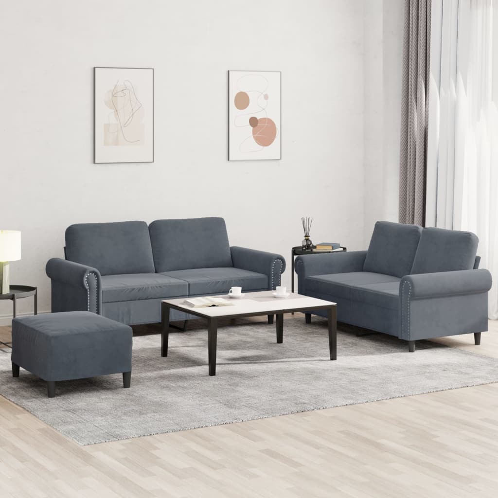 Set di Divani 3 pz con Cuscini Grigio Scuro in Velluto - homemem39