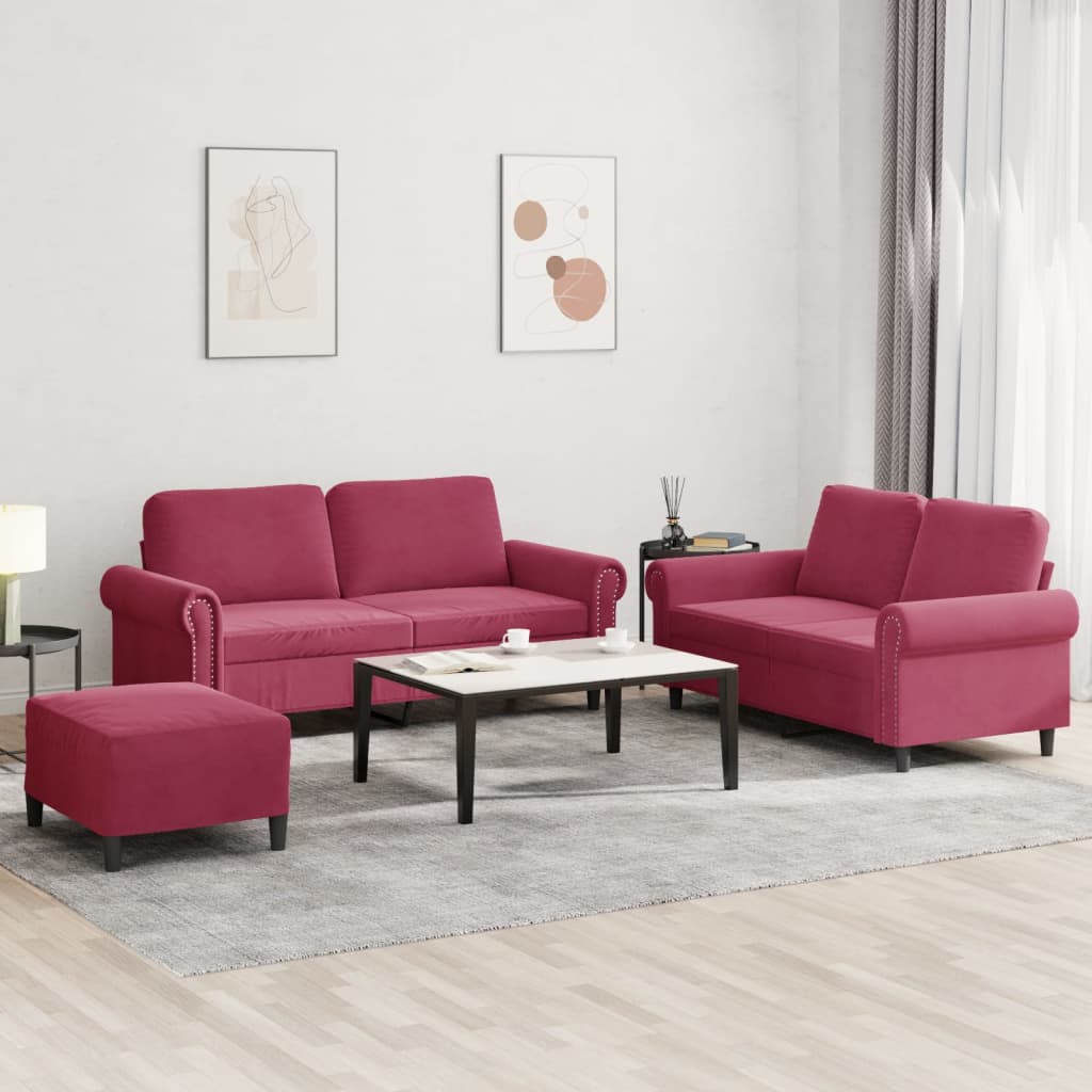 Set di Divani 3 pz con Cuscini Rosso Vino in Velluto