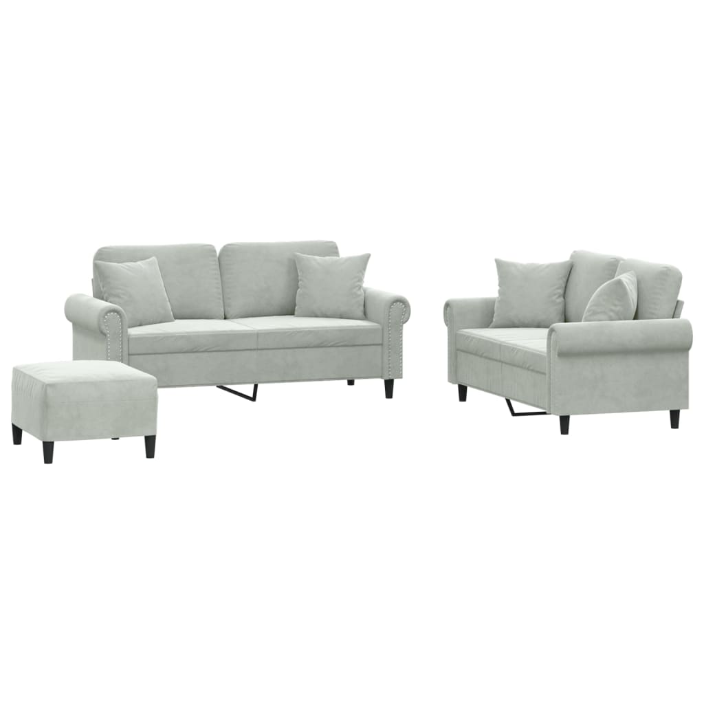 Set di Divani 3 pz con Cuscini Grigio Chiaro in Velluto | homemem39