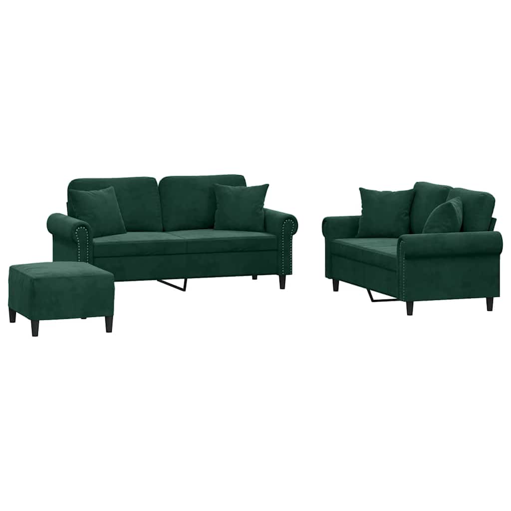 Set di Divani 3 pz con Cuscini Verde Scuro in Velluto
