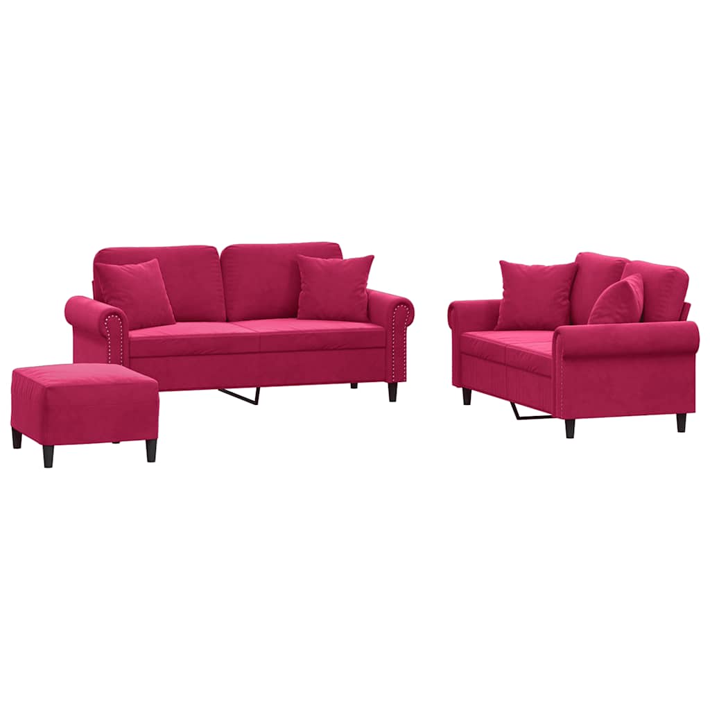 Set di Divani 3 pz con Cuscini Rosso Vino in Velluto | homemem39