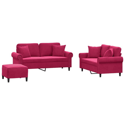Set di Divani 3 pz con Cuscini Rosso Vino in Velluto | homemem39