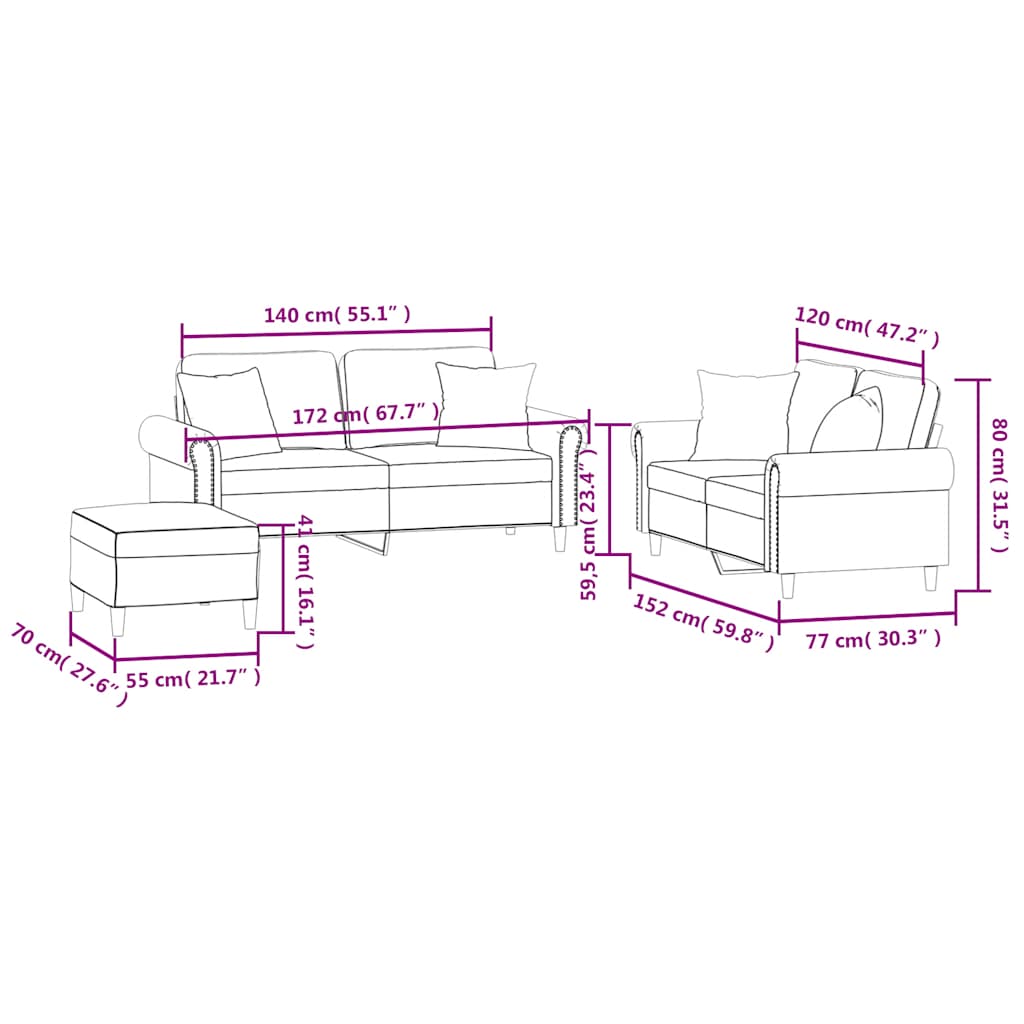 Set di Divani 3 pz con Cuscini Rosso Vino in Velluto | homemem39