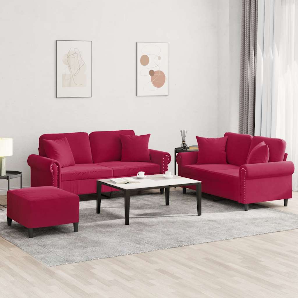 Set di Divani 3 pz con Cuscini Rosso Vino in Velluto | homemem39