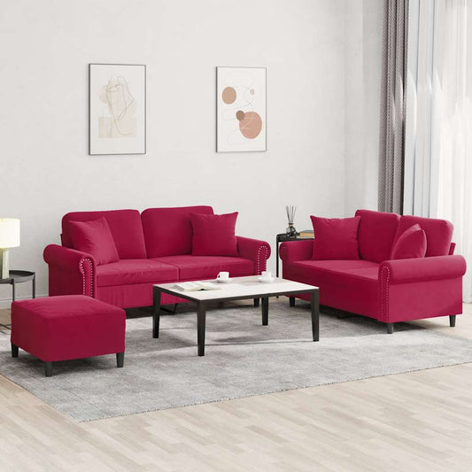 Set di Divani 3 pz con Cuscini Rosso Vino in Velluto | homemem39