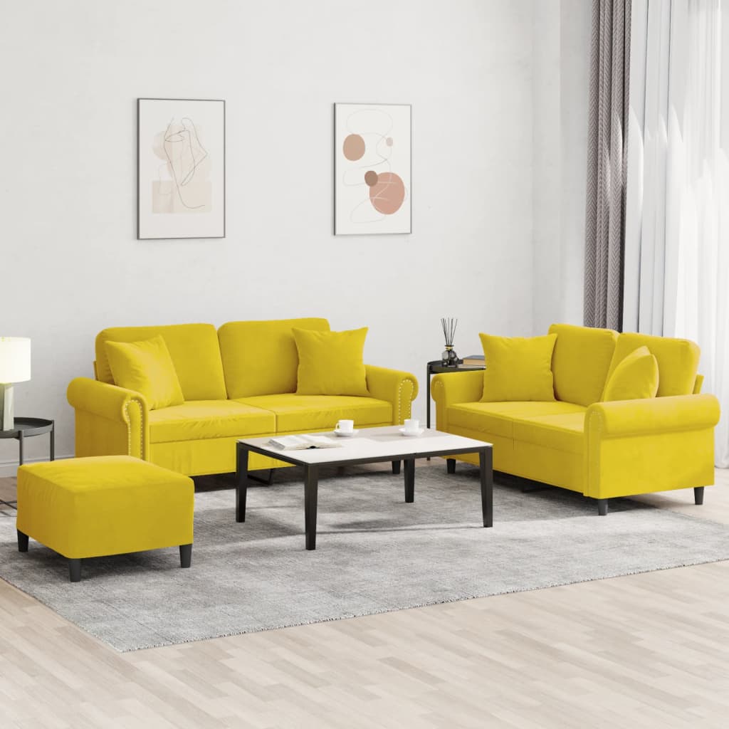 Set di Divani 3 pz con Cuscini Giallo in Velluto - homemem39