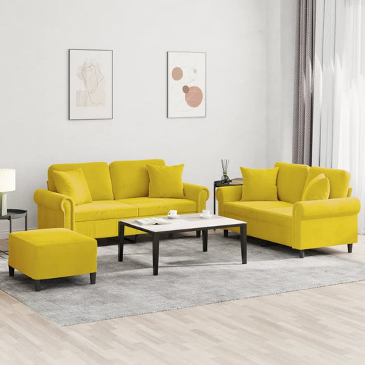 Set di Divani 3 pz con Cuscini Giallo in Velluto - homemem39