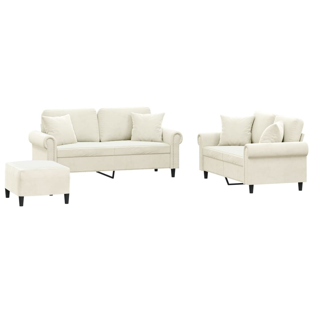 Set di Divani 3 pz con Cuscini Crema in Velluto