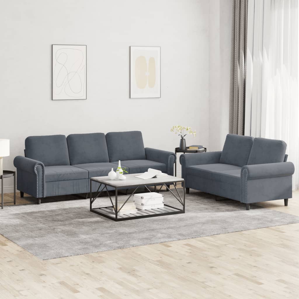 Set di Divani 2 pz con Cuscini Grigio Scuro in Velluto