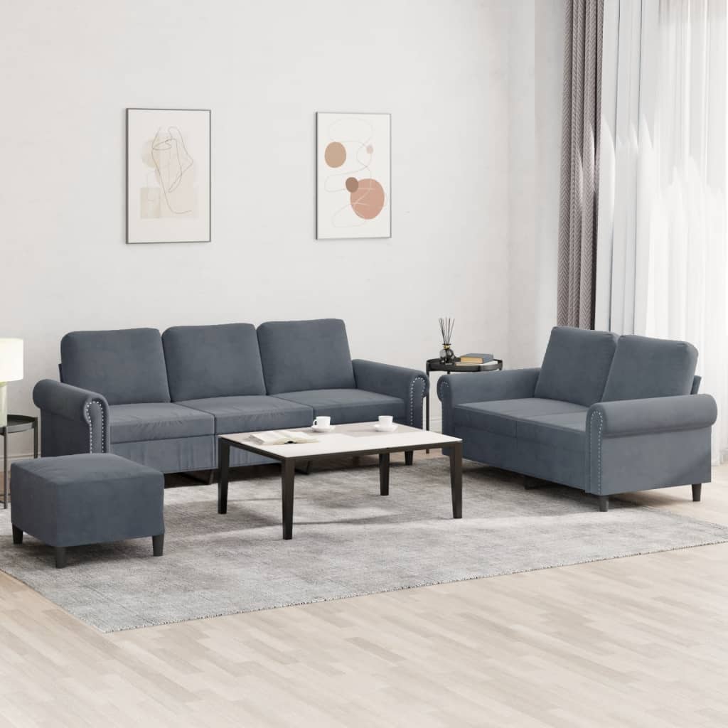Set di Divani 3 pz con Cuscini Grigio Scuro in Velluto - homemem39