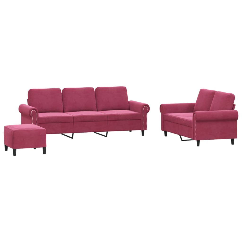 Set di Divani 3 pz con Cuscini Rosso Vino in Velluto - homemem39