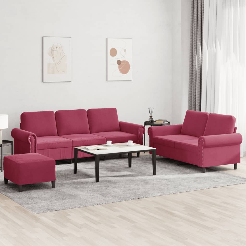 Set di Divani 3 pz con Cuscini Rosso Vino in Velluto | homemem39