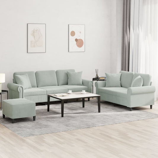 Set di Divani 3 pz con Cuscini Grigio Chiaro in Velluto | homemem39