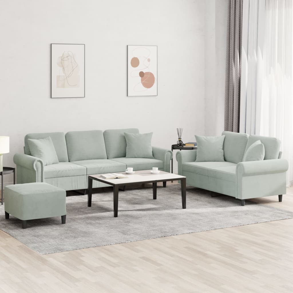 Set di Divani 3 pz con Cuscini Grigio Chiaro in Velluto - homemem39