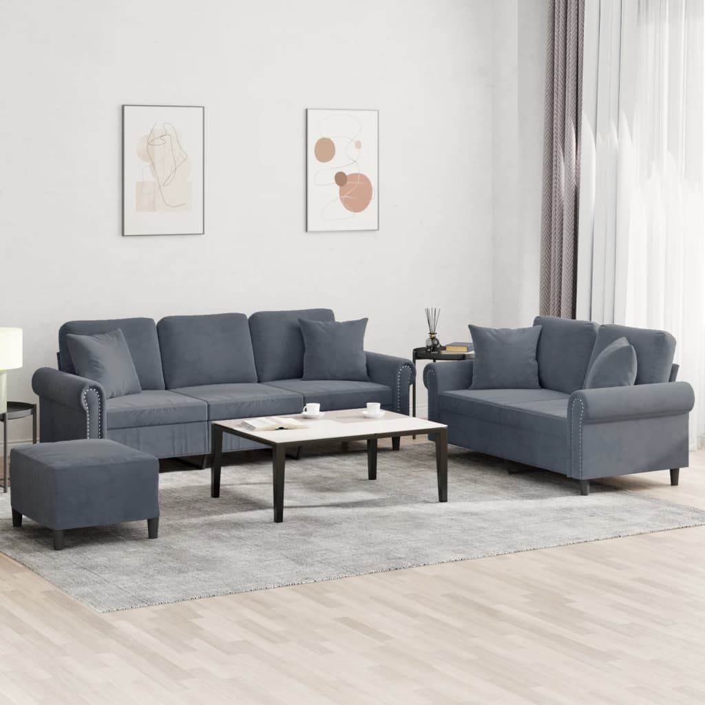 Set di Divani 3 pz con Cuscini Grigio Scuro in Velluto - homemem39