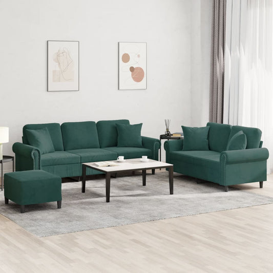 Set di Divani 3 pz con Cuscini Verde Scuro in Velluto